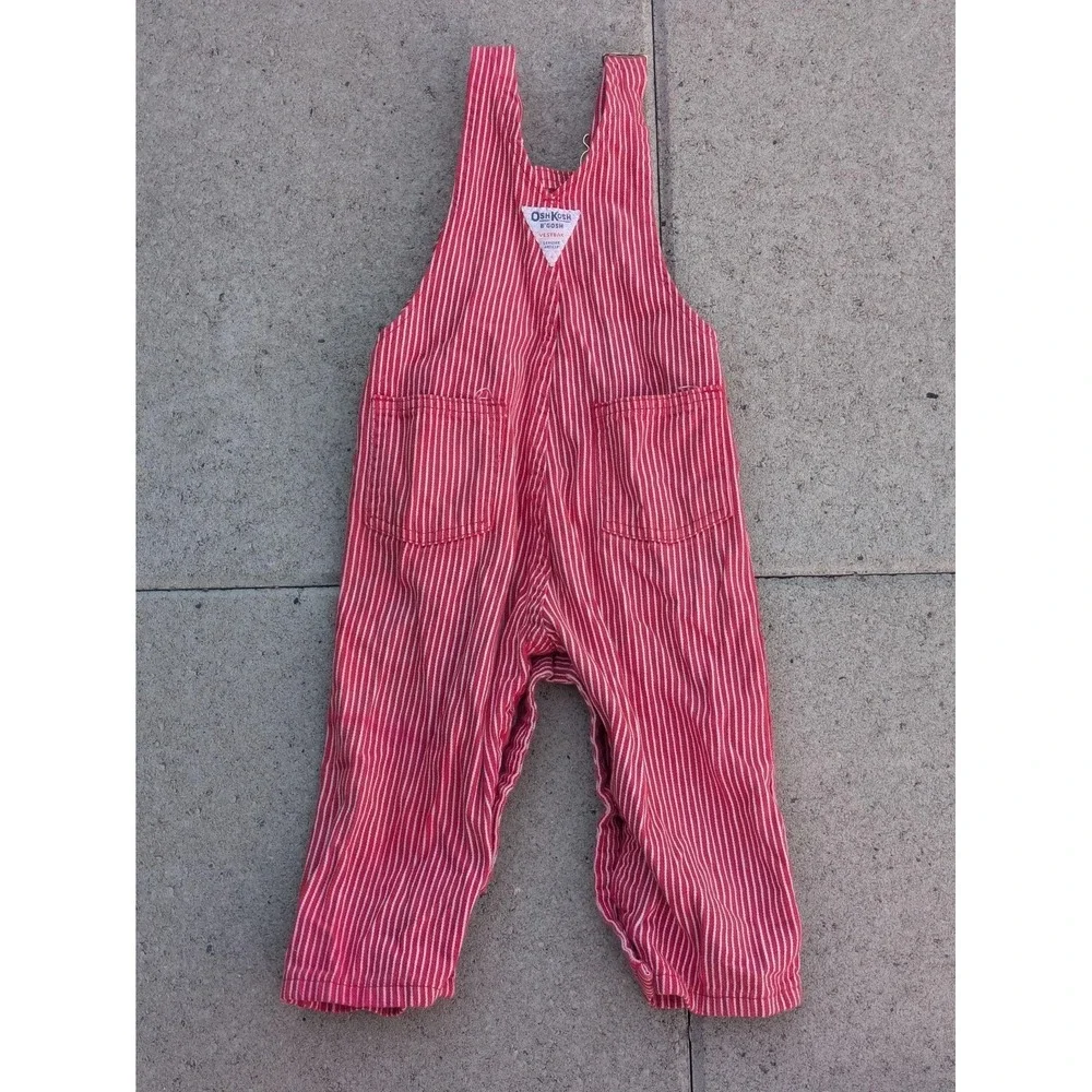 Vintage OshKosh B'gosh Overalls Baby Girls 18-24M Red Stripe Railroad USA 80s